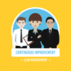 three smartly dressed animated characters stood in a line with the words continuous improvement and lean management in white writing below on a yellow background