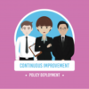 three smartly dressed animated characters stood in a line with the words continuous improvement and policy deployment in white writing below on a light purple background