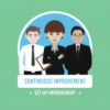 three smartly dressed animated characters stood in a line with the words continuous improvement and set-up improvement in white writing below on a mint green background