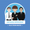 three smartly dressed animated characters stood in a line with the words continuous improvement and value stream analysis in white writing below on a dark blue background