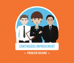 three smartly dressed animated characters stood in a line with the words continuous improvement and problem solving in white writing below on a orange background