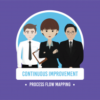 three smartly dressed animated characters stood in a line with the words continuous improvement and process flow mapping in white writing below on a purple background