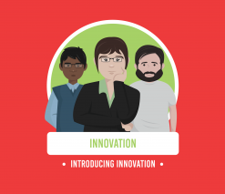 three casually dressed animated characters stood in a line with the words innovation and introducing innovation in green and white writing below on a red background