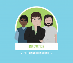 three casually dressed animated characters stood in a line with the words innovation and preparing to innovation in green and white writing below on a light blue background